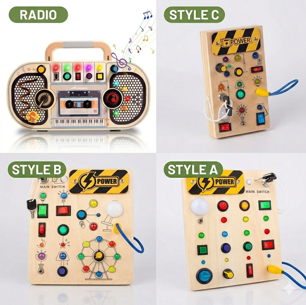 Montessori Radio Busy Board mit LED – Lernspielzeug aus Holz ab 2/3 Jahren