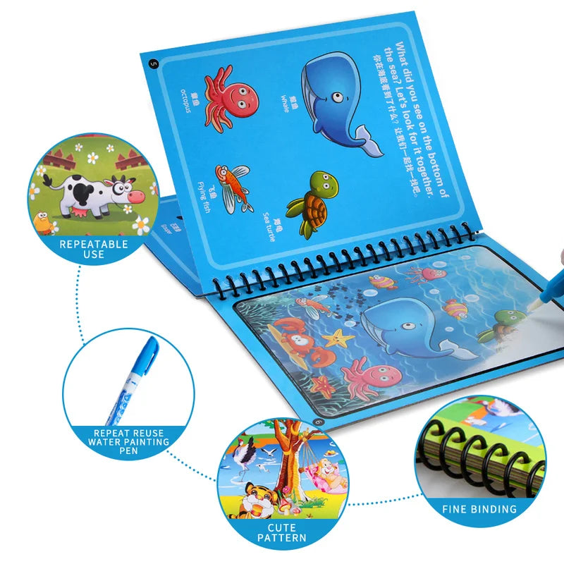 🖍️ Montessori Wasser-Malbuch – Wiederverwendbarer Malspaß mit Wasser ab 3 Jahre