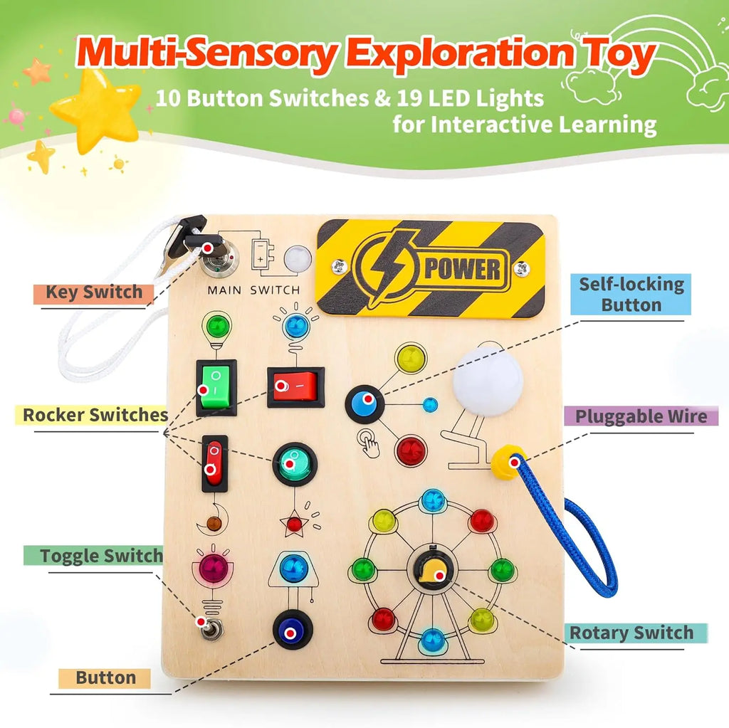 Montessori Radio Busy Board mit LED – Lernspielzeug aus Holz ab 2/3 Jahren