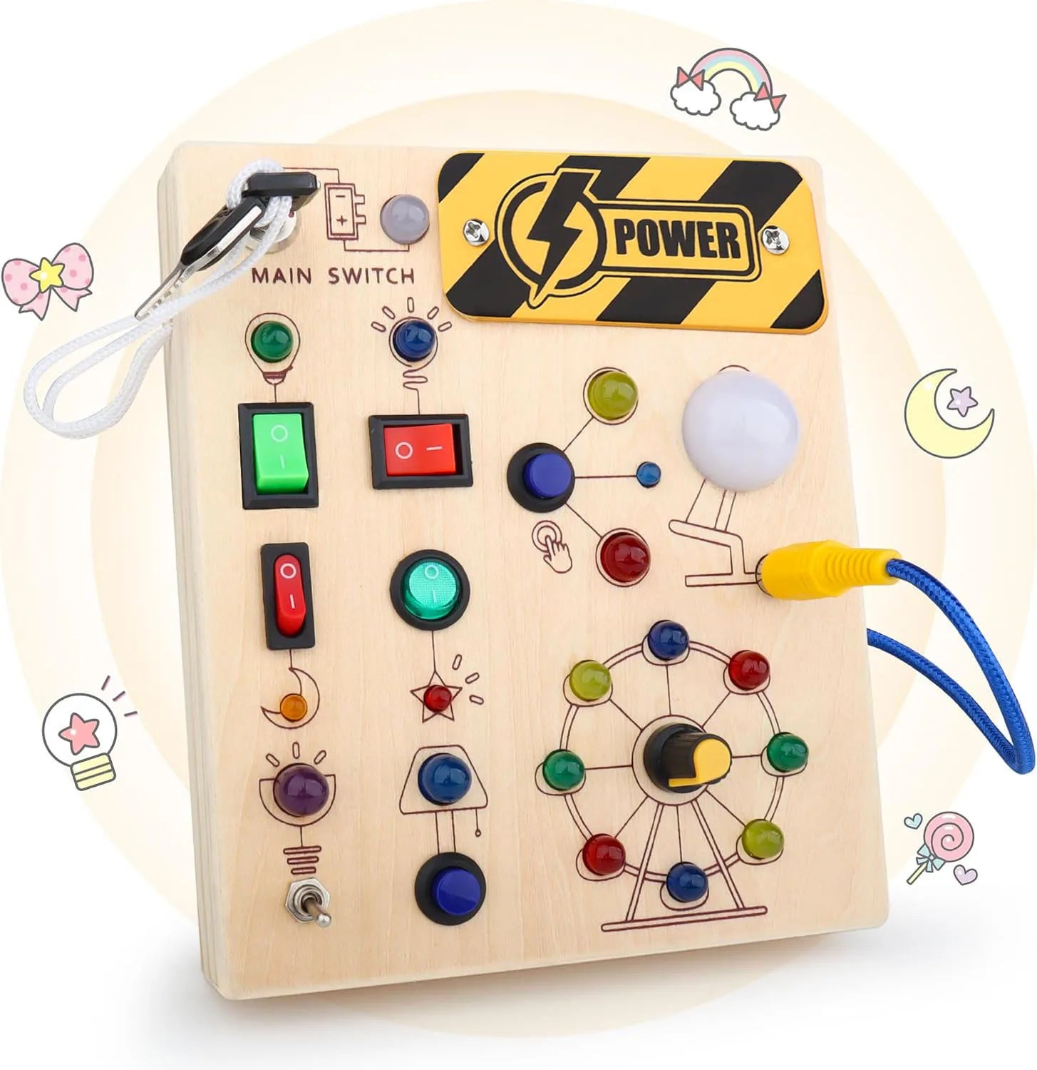 Montessori Radio Busy Board mit LED – Lernspielzeug aus Holz ab 2/3 Jahren