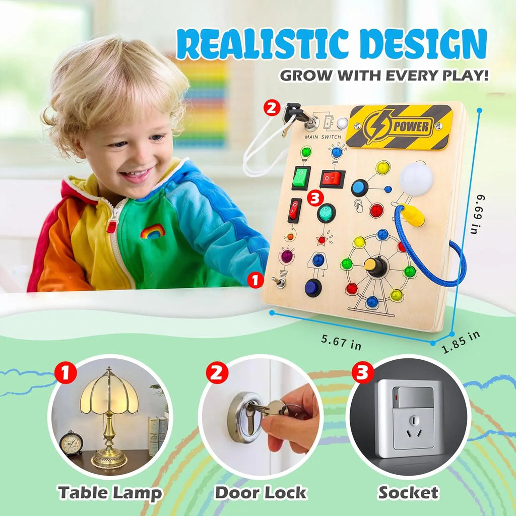 Montessori Radio Busy Board mit LED – Lernspielzeug aus Holz ab 2/3 Jahren